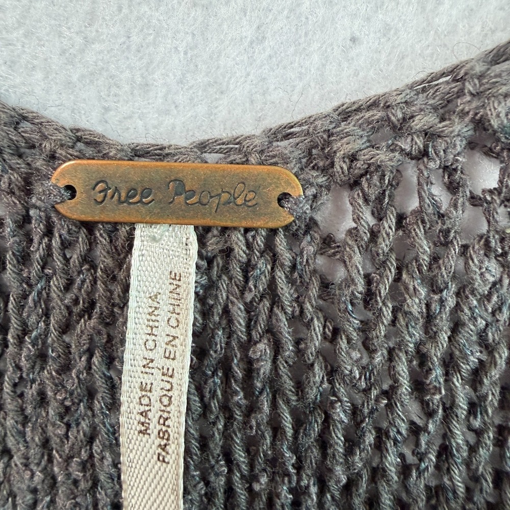 Free People Open Knit Linen Silk Cotton Sweater M Gray Boho Slouchy Beach Indie - Picture 6 of 8